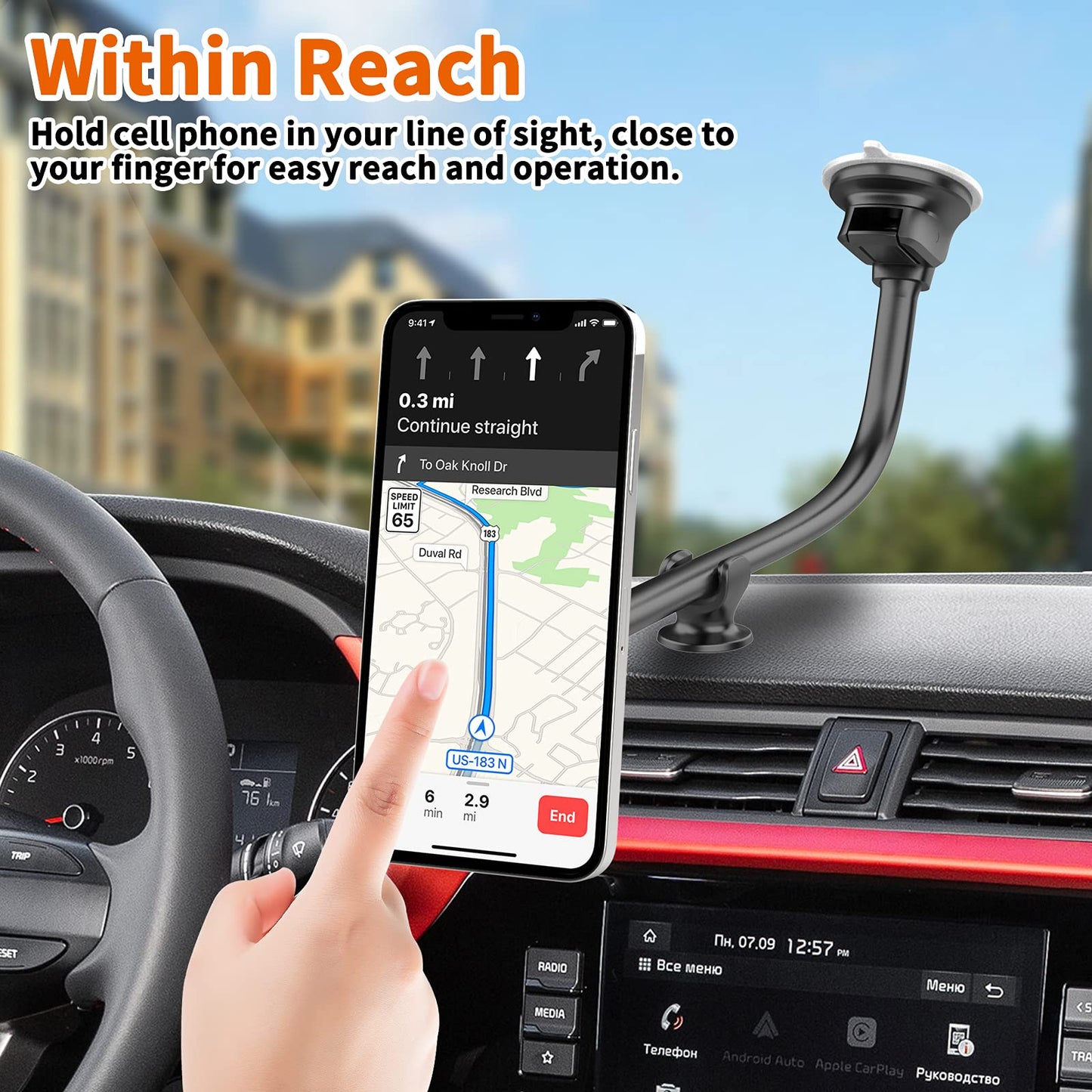 1Zero Magnetic Phone Car Mount 14-Inch Gooseneck Long Arm Extension, Universal Windshield Dashboard Industrial-Strength Suction Cup Car Phone Holder