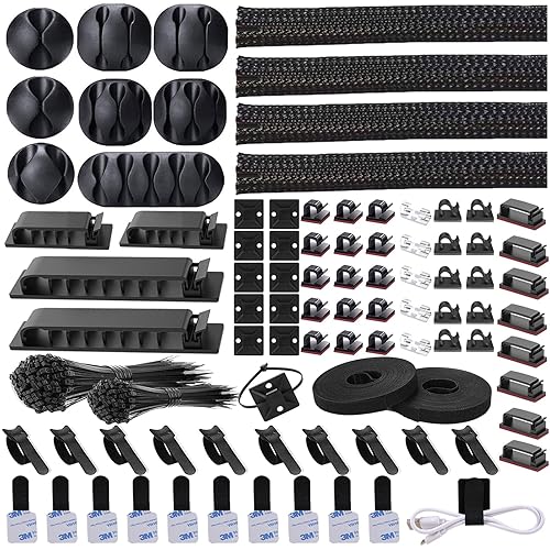 DRIVUU 311Pcs Cable Management Organizer Kit 4 Cable Sleeve Split,53Cable Clips 12Cord Clips Holder,22 Cable Ties, 20 Adhesive Wall Cable Tie