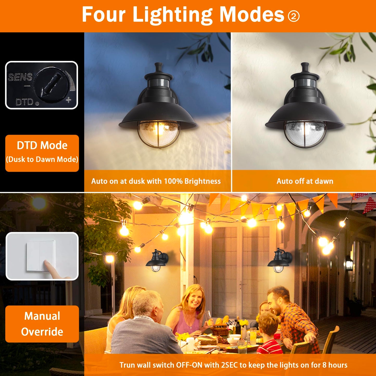 Untrammelife Rustic Outdoor Wall Light Fixture with Dusk to Dawn PIR Motion Sensor 2 Pack Matte Black Outdoor Wall Lantern Lamp with Crackle Glass