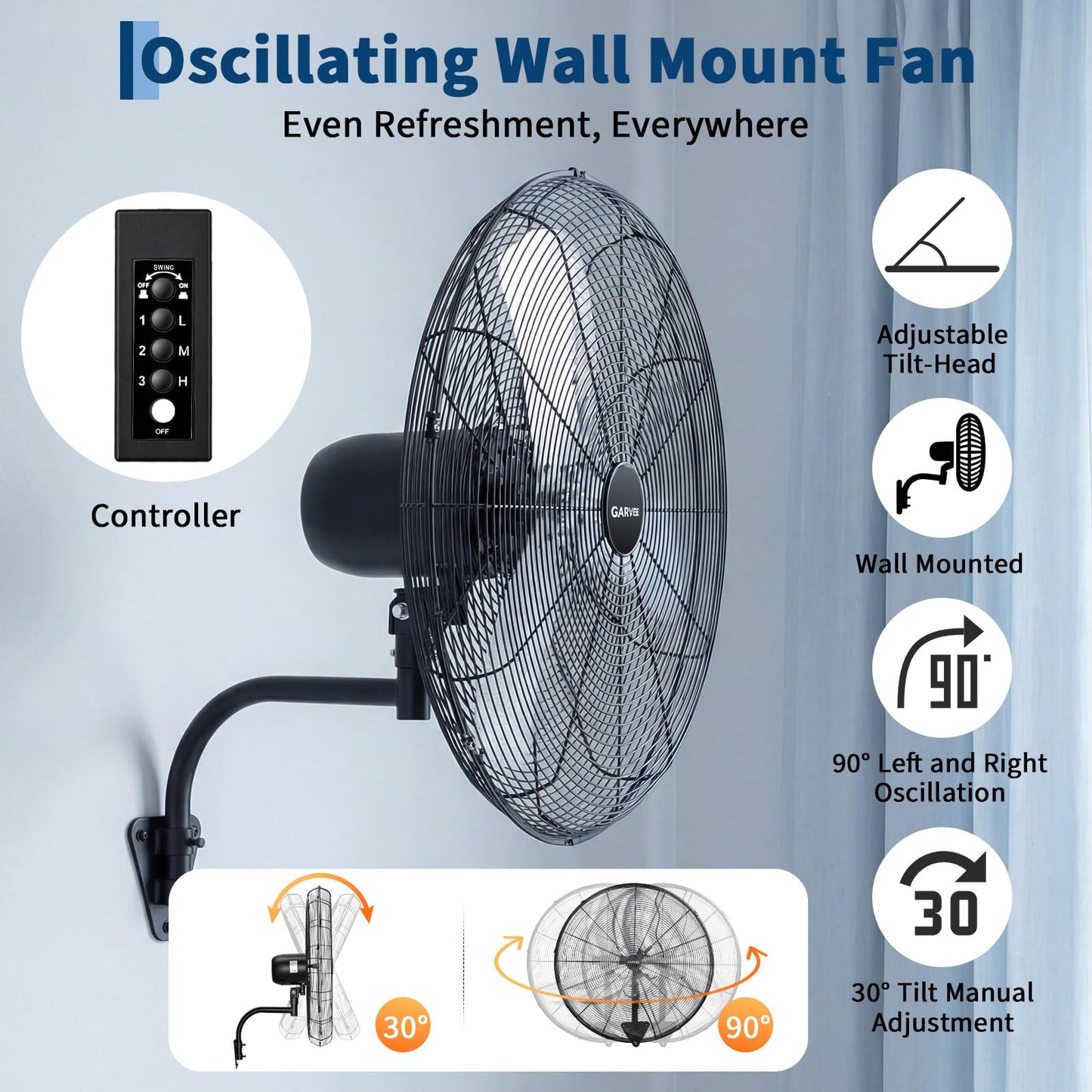 Garvee 30 Inch Wall-Mount Misting Fan, 3 Speed High Velocity 9500 CFM Industrial Wall Fan with Controller, IP44 Waterproof Oscillating Wall Fan
