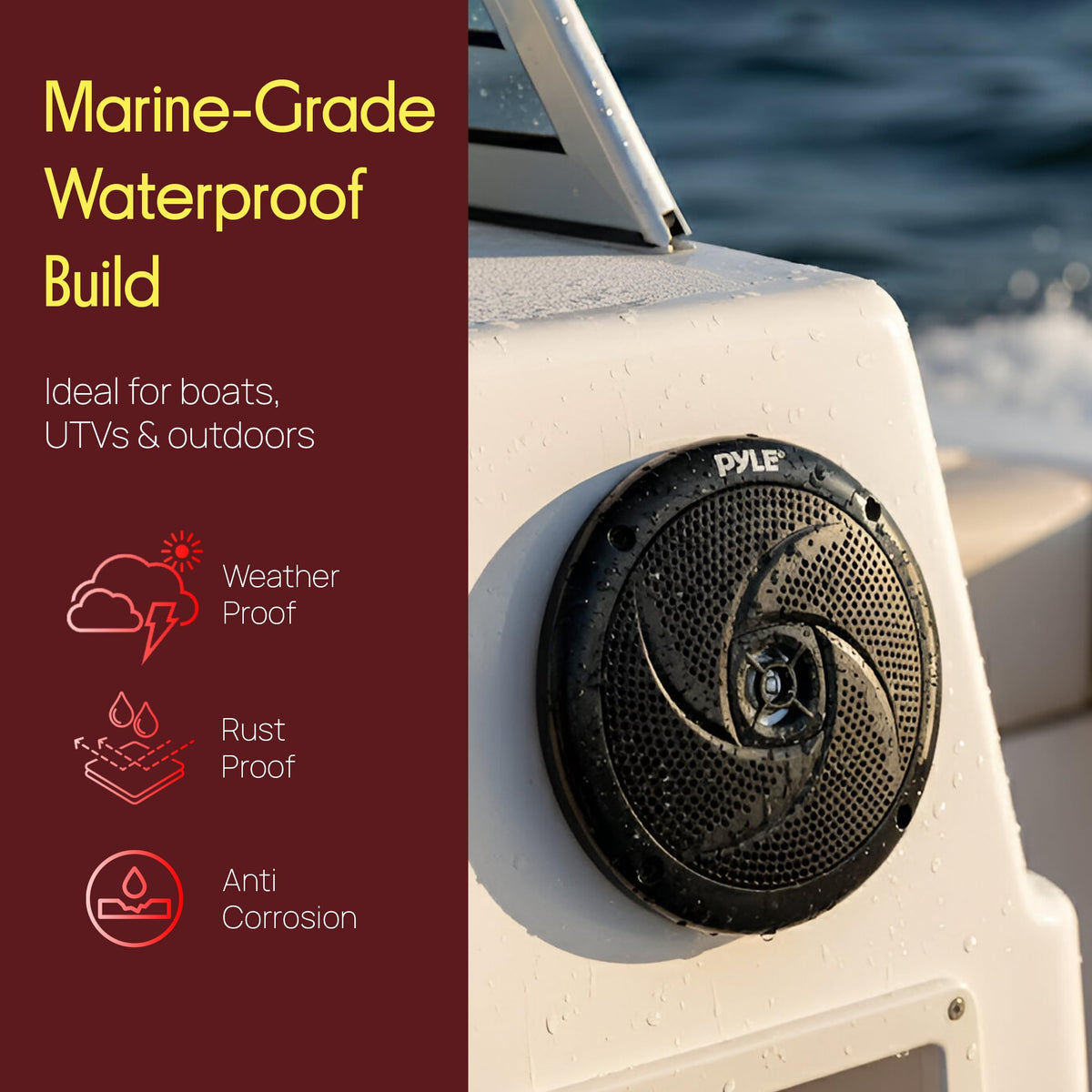 Pyle Waterproof Marine Speakers - Pair of 5.25" 180 Watt Low Profile Slim Style System - Weather Resistant Outdoor Rated Speakers for Boat, Patio, Poolside, Deck, Home (Black)
