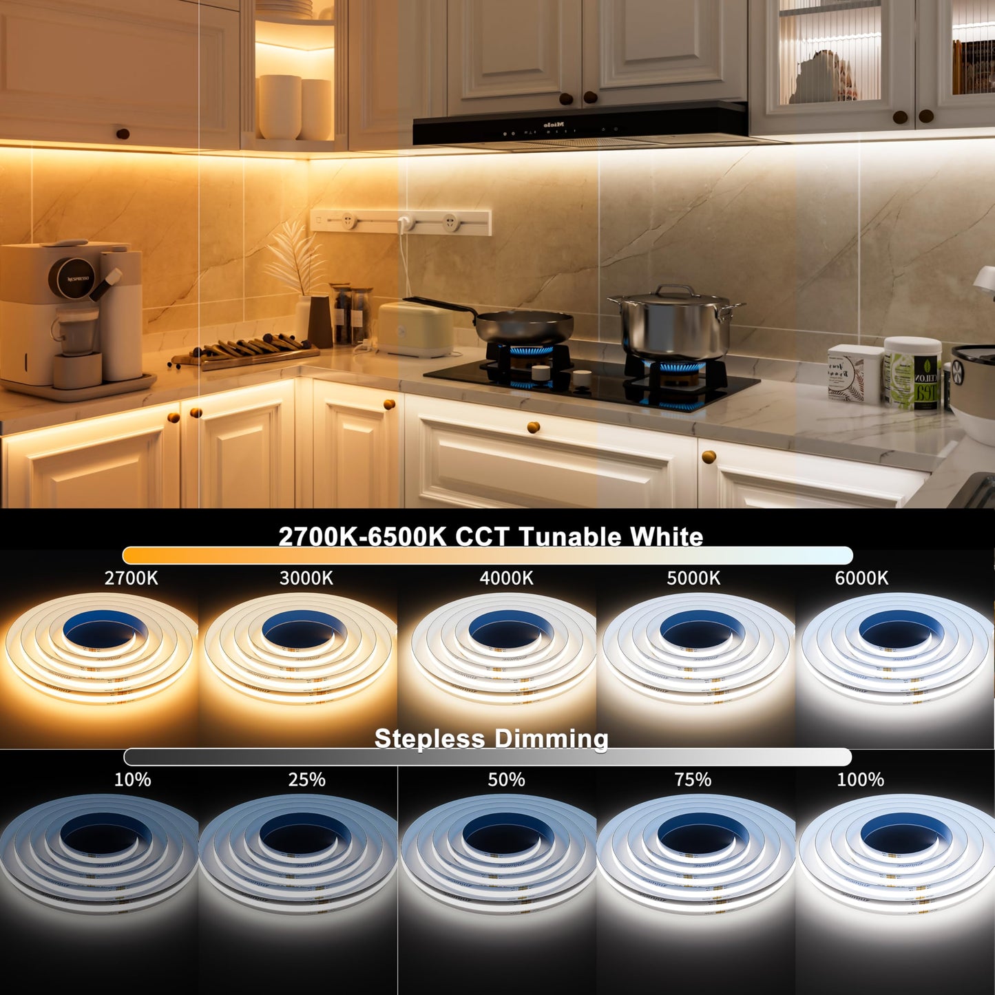 MIWISE CCT COB LED Strip Light Tunable White,20ft/6.1m Dimmable 2700K-6500K CRI90+ 24V LED Tape Light,for Under Cabinet Bedroom Kitchen DIY