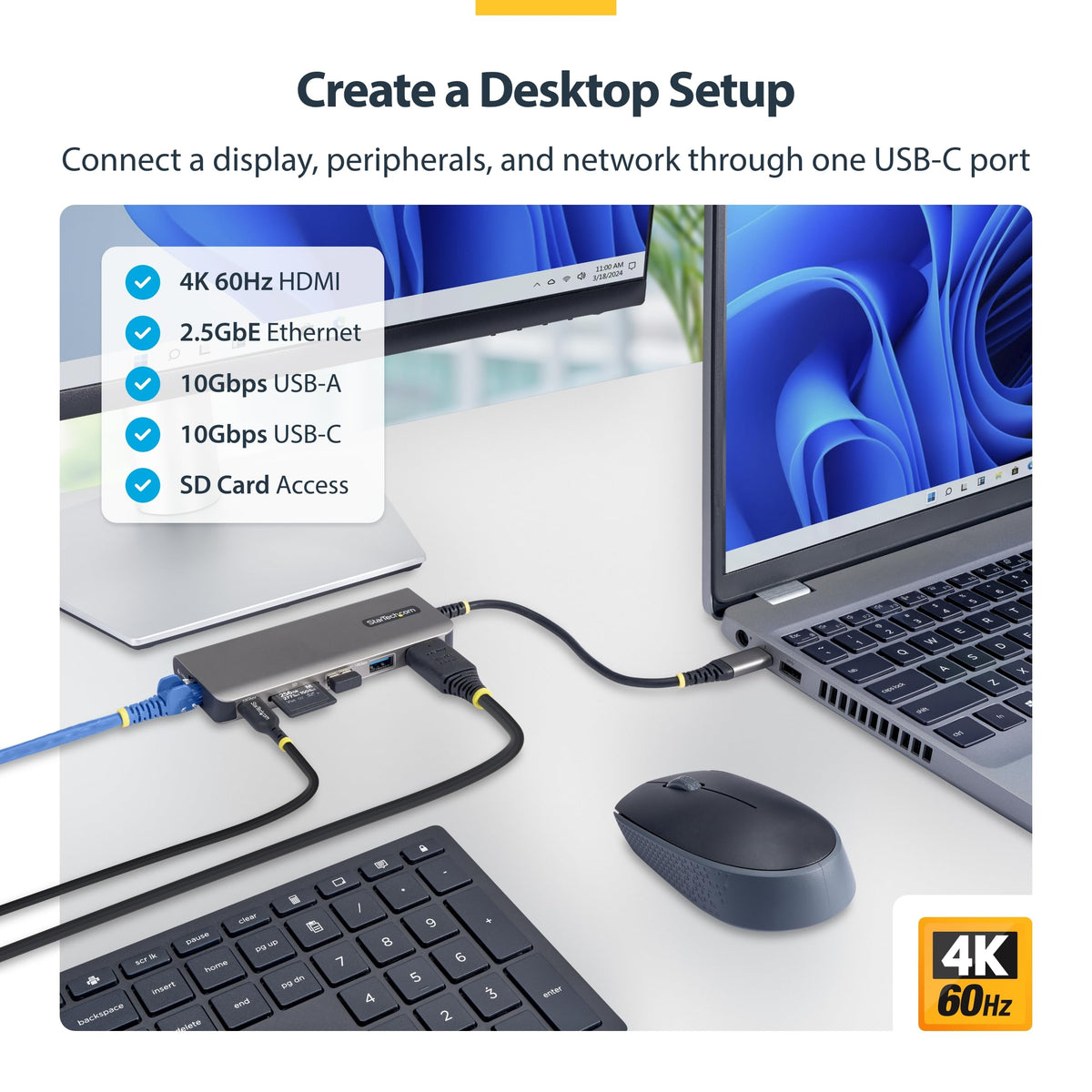 StarTech 6-in-1 USB-C Mini Dock, 4K HDMI, 140W PD, 10Gbps, 2.5GbE, SD