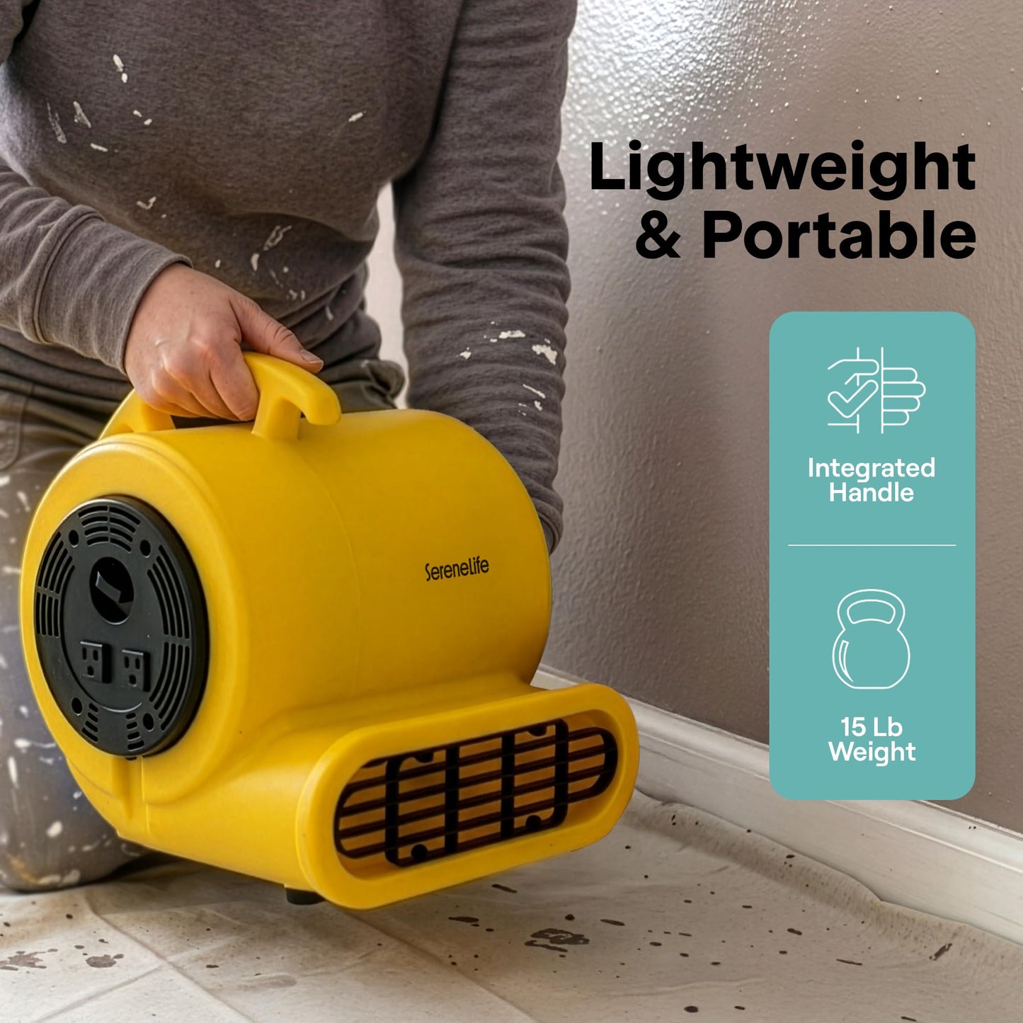 SereneLife Air Mover Blower Fan 2500 CFM - Powerful High Performance 3-Speed Fan for Floor & Carpet Drying, Portable Floor Fan w/Adjustable Tilt, Plug