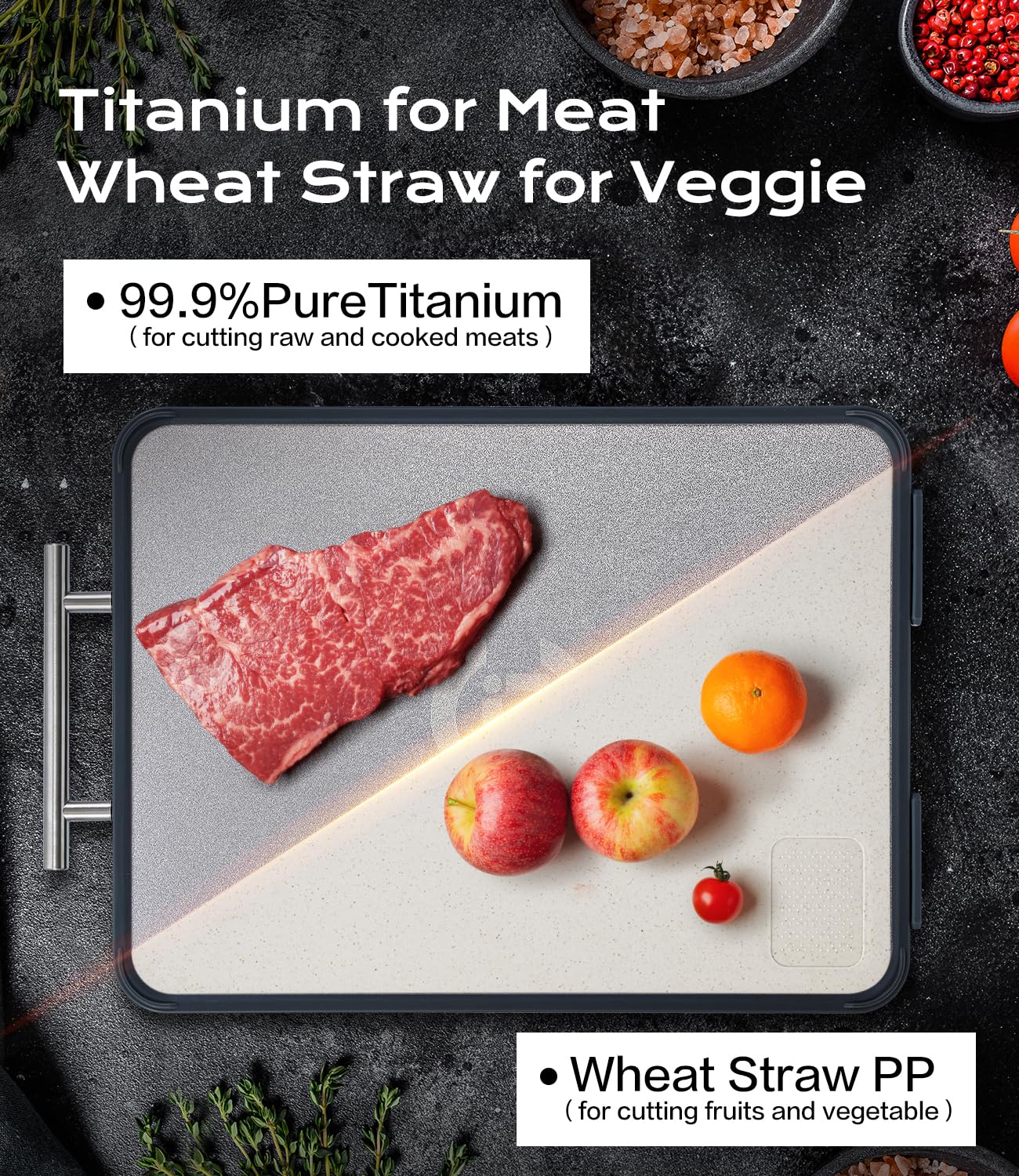 Titanium Cutting Board for Kitchen- Non Toxic Cutting Boards with Double Sided, Textured Food-Grade Pure Titanium Side for Chopping Meat, PP Side…