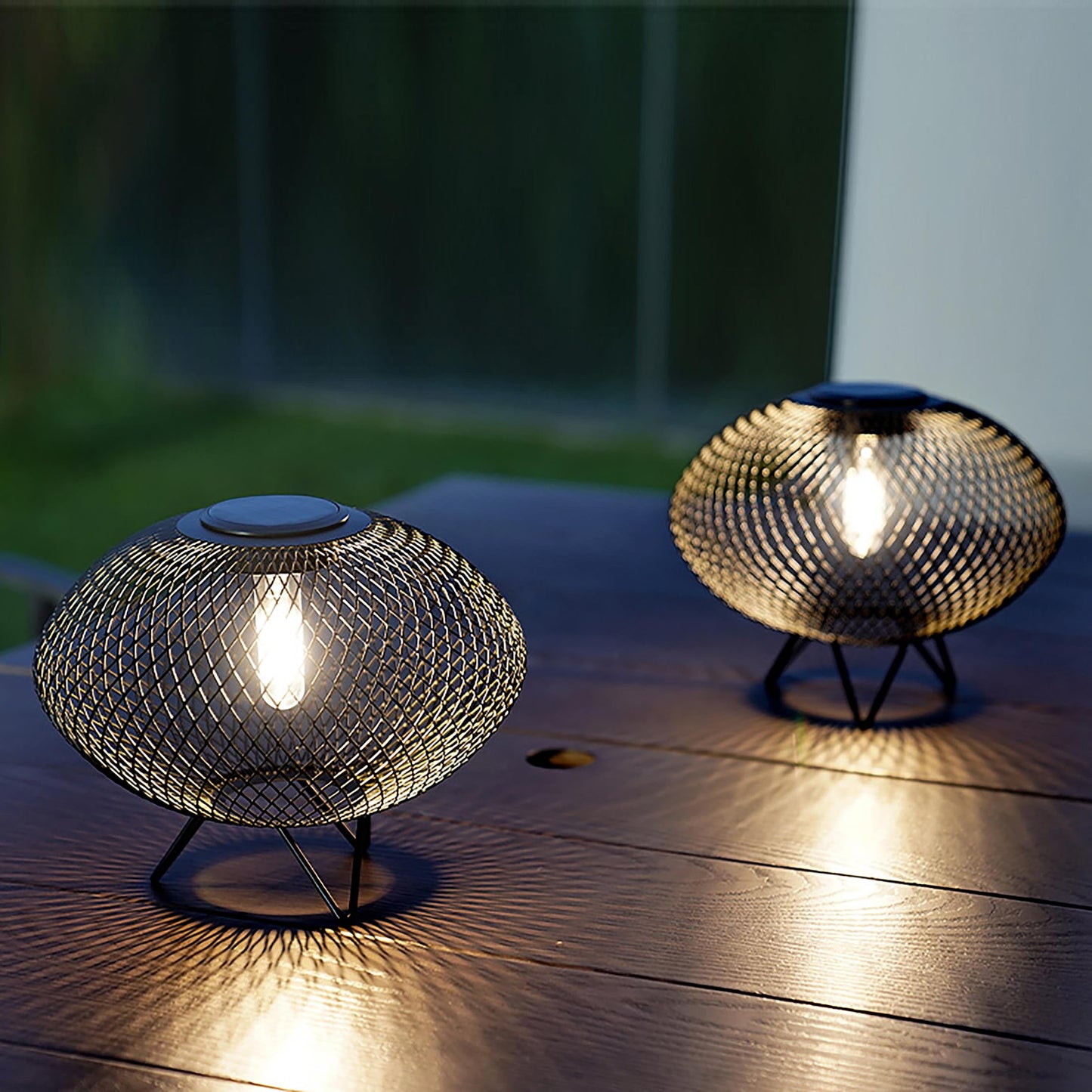 Solar Yard Set of 2 Outdoor Table Lamps with Metal Wire Shades & LED Lights, 8" Solar-Powered Modern Table Lights for Yard, Porch, Garden, or Pathway