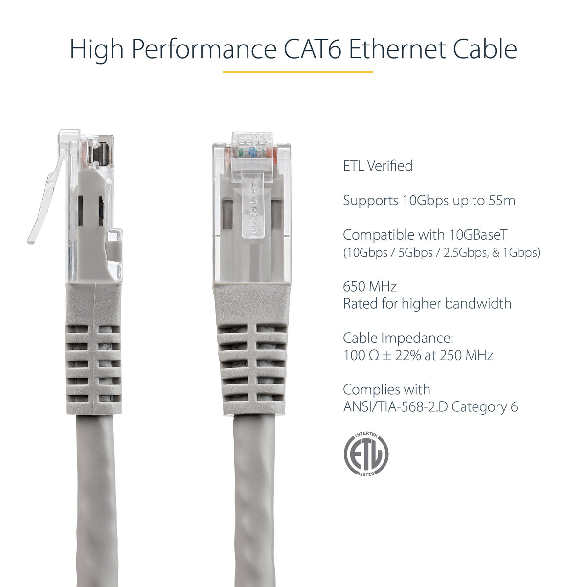 StarTech 50ft CAT6 Ethernet Cable - Gray CAT 6 Gigabit Ethernet Wire -250Mhz 100W PoE RJ45 UTP Molded Network Patch Cord with Strain Relief