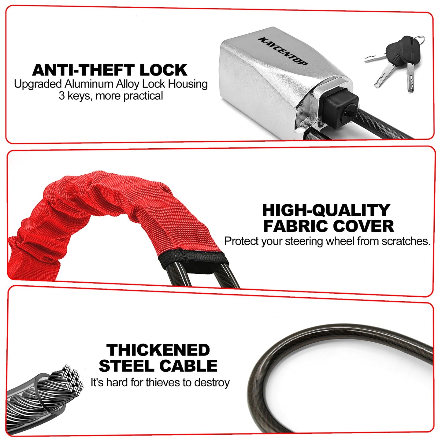 KAYCENTOP Car Steering Wheel Lock, Seat Belt Lock, Car Locks Anti-Theft Device with Aluminum Alloy Lock Housing, Max 17 Inch Length, High Visibility