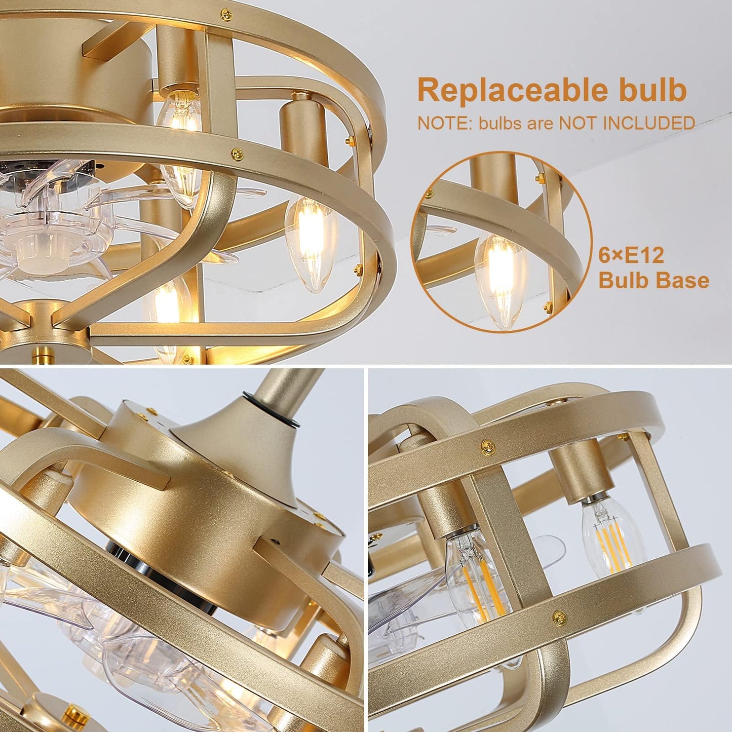 SMLERAY 18" Gold Bladeless Ceiling Fan with Light, Caged Fandelier with Remote Control, 6-Speed Reversible Motor, Low Profile for Bedroom, Kitchen