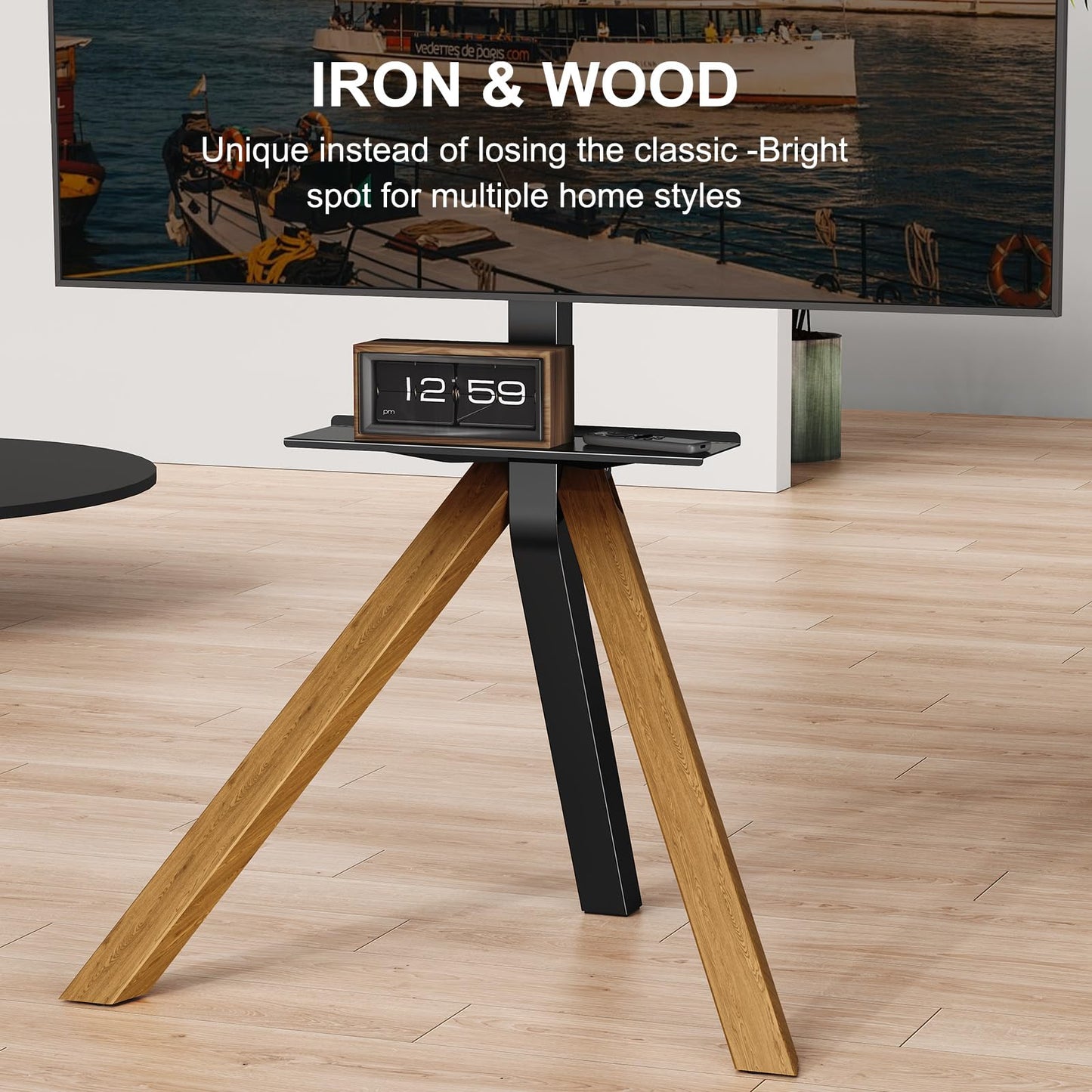 Tripod Easel TV Stand for 32 to 75 Inch LCD LED OLED Screen, Modern Floor TV Stand with Swivel Mount, Wooden Legs Minimalist Style, Portable Corner TV
