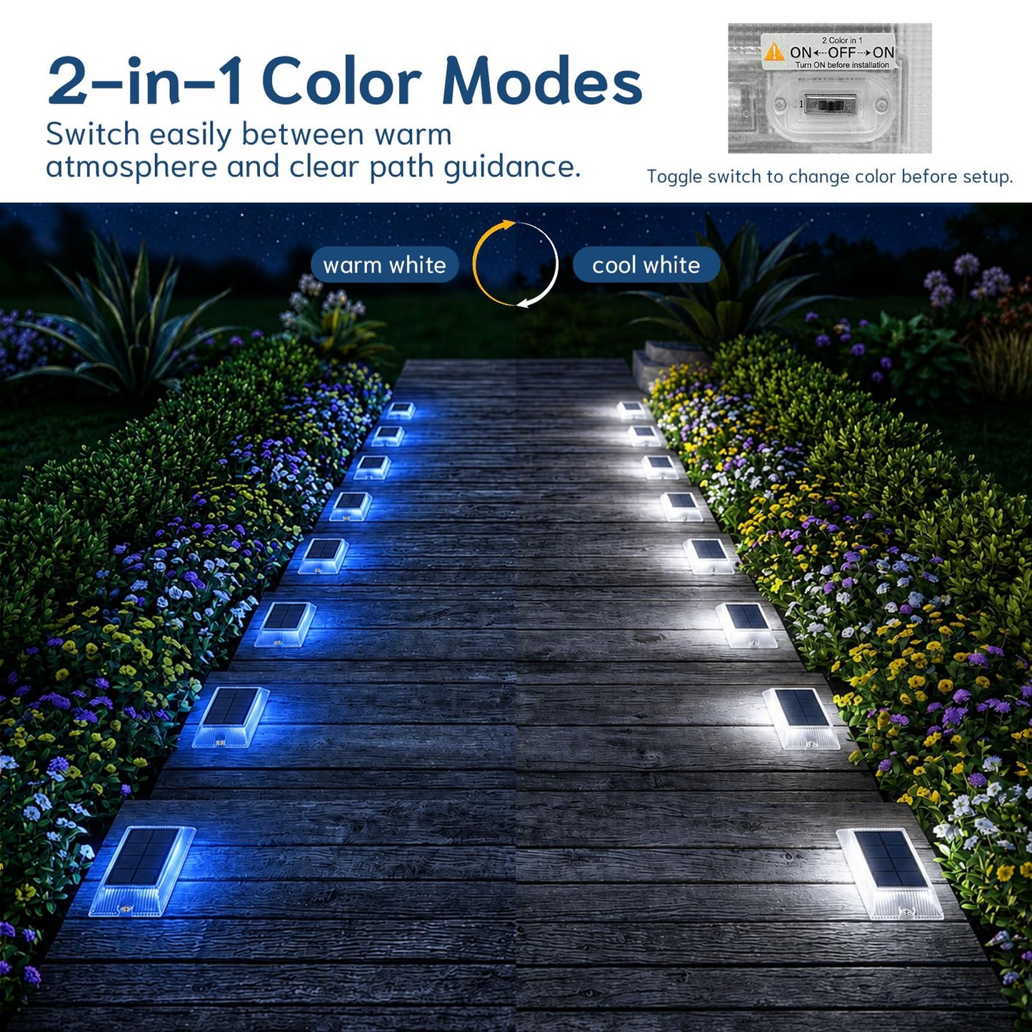 Alinana Solar Step Lights Outdoor Waterproof 6 Pack, 2 Colors in 1 LED Stair Lights, Screw Mount Deck Step Lights for Stairs, Patio, Garden, Walkway