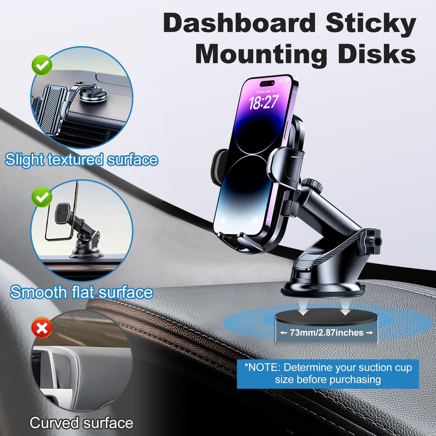 Adhesive Dashboard Pad Mounting Disk for Suction Cup Phone Mount, Heat Resistant Sticky Disc for Car Cell Phone Holder, 2pcs 73mm(2.87") Mount Disk