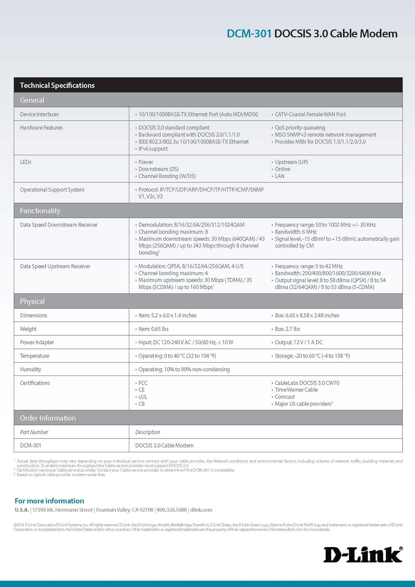 D-Link DOCSIS 3.0 Cable Modem (DCM-301) Compatible with Comcast Xfinity, Time Warner Cable, Charter, Cox, Cablevision, and More