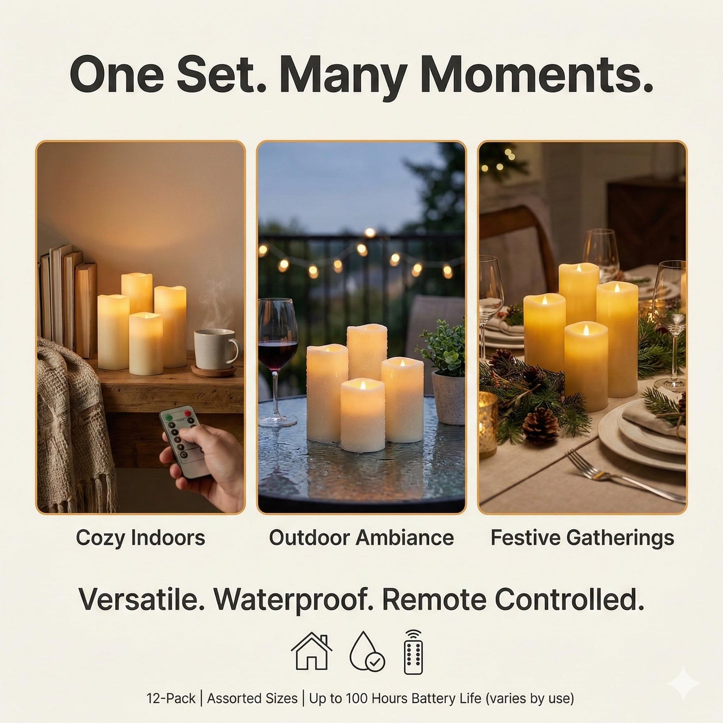 Waterproof Flameless Candles, 12 PC Battery Operated LED Pillar Candles with 2 Remote Controls & Timer, Flickering Indoor Outdoor Candles for Wedding