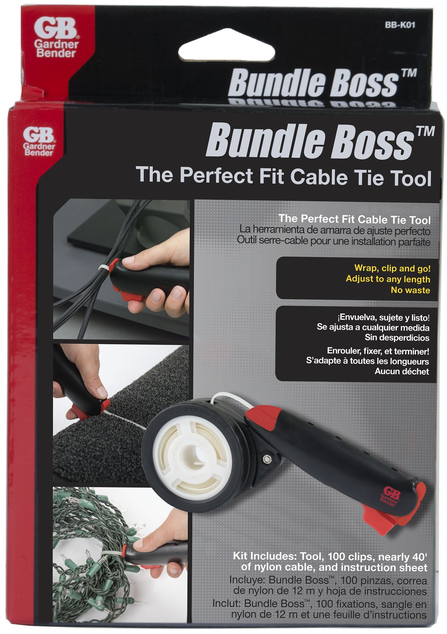 Gardner Bender BB-K01 Bundle Boss Cable Tie Dispenser, 39 ft Cable Tie Replacement Spool, 50 lb, 100 Locking Clips, Electrical Wire and Cord