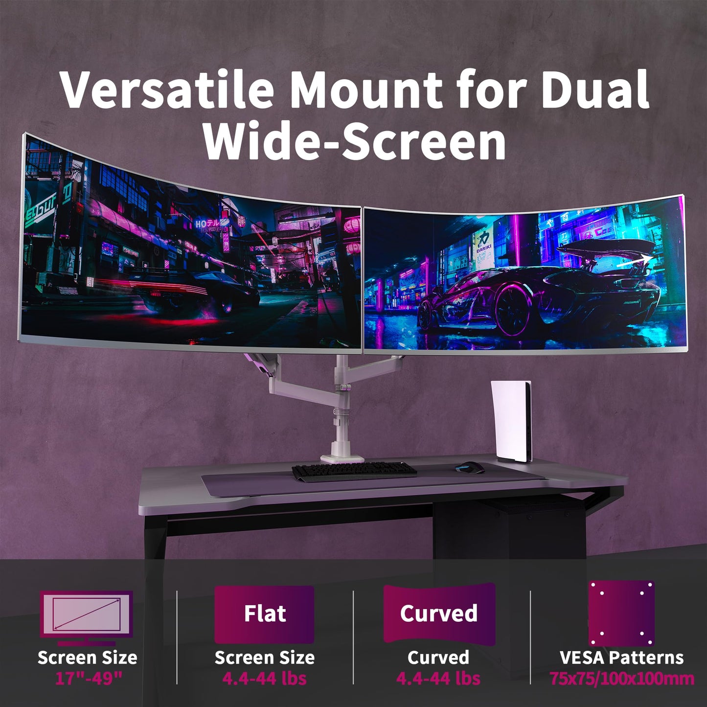 Dual Monitor Arm for 17-49 Inch Ultrawide Screens, Dual Monitor Mount Heavy Duty up to 44lbs, Adjustable Vertical Stacked Full Motion Dual Monitor Arm
