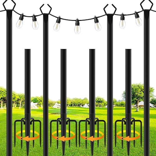 SINLEY 4 Pack String Light Poles,10 Ft Metal Poles with Fork for Outdoor String Lights,Outdoor Light Poles with Fork,Poles/Post/Stand