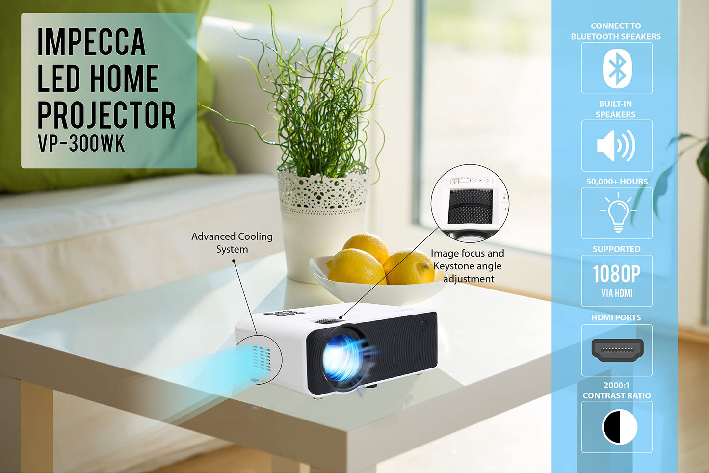 Impecca VP-300WK LED Home Theater Projector, HD 720p Picture Quality, Projecting Spectacle up to 180", Built-in Stereo Speakers, Remote Control, 160