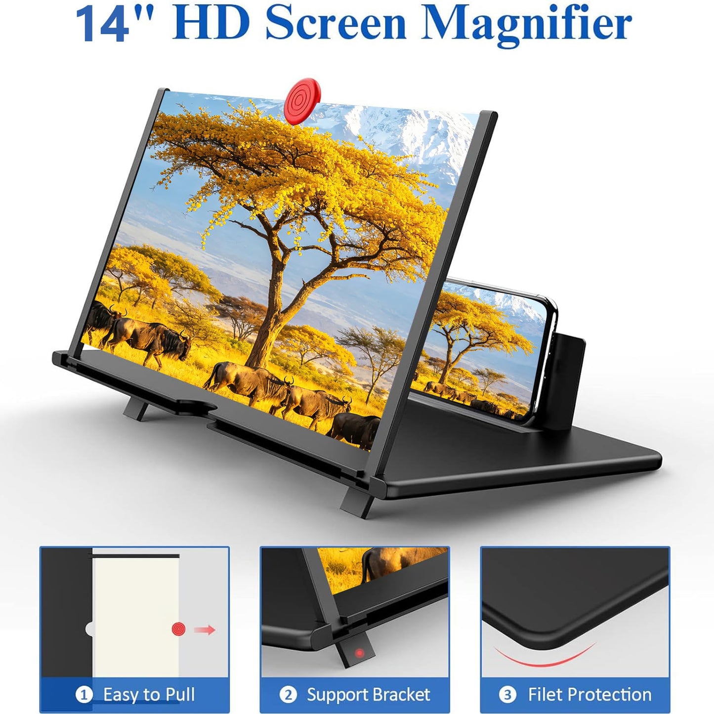 14" Screen Magnifier,3D HD Mobile Phone Magnifier Projector Screen Enlarger for Movies, Videos, and Gaming,Foldable Cell Phone Stand with Screen