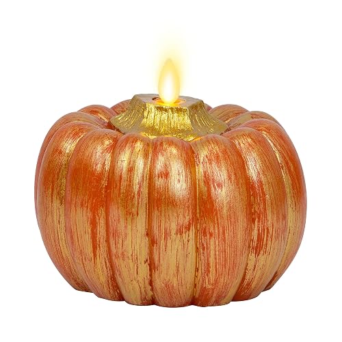 Luminara - Flameless Halloween LED Candle Battery Operated Moving Flame - Metallic Gold Orange Pumpkin - Pack of 1-5x4.5 - Unscented Indoor Use
