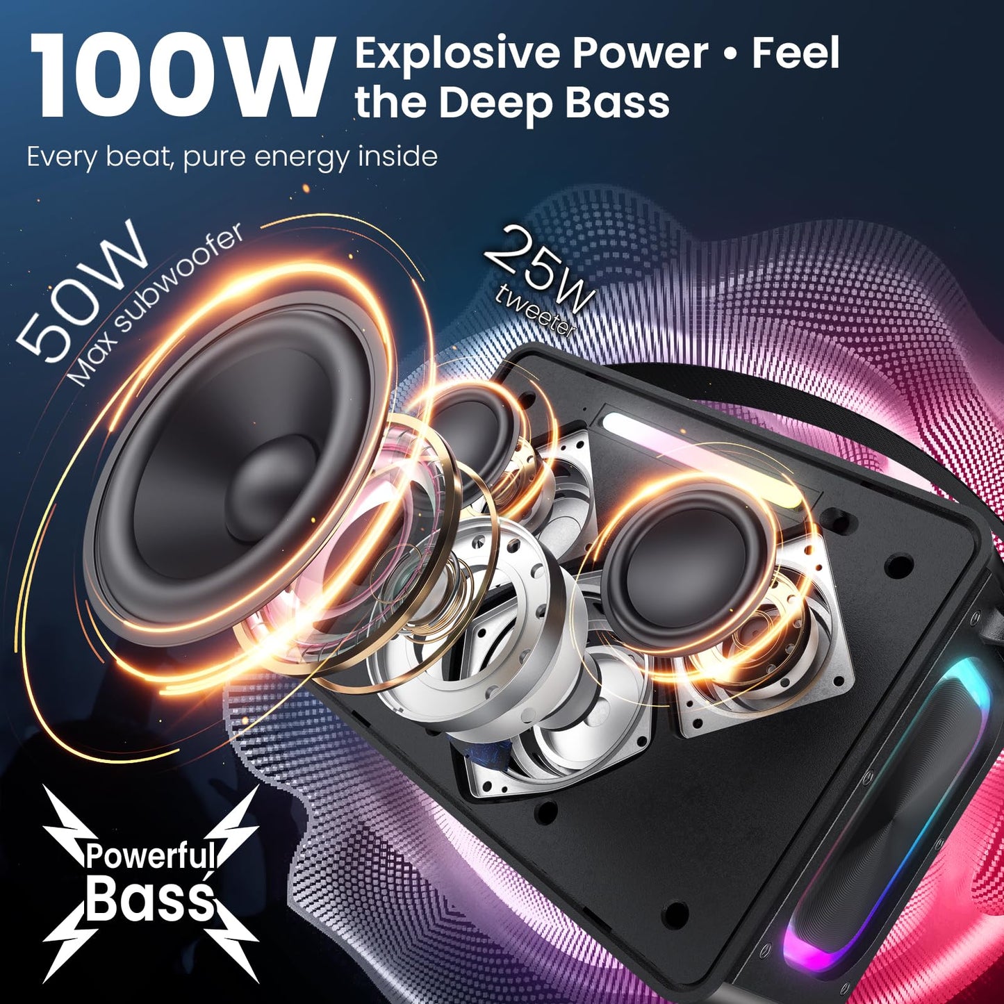 Maidsonic 100W Peak Bluetooth Speaker, Loud Wireless Portable Speaker IPX6 Waterproof Outdoor Speaker with LED Lights Powerful Stereo Sound & Deep