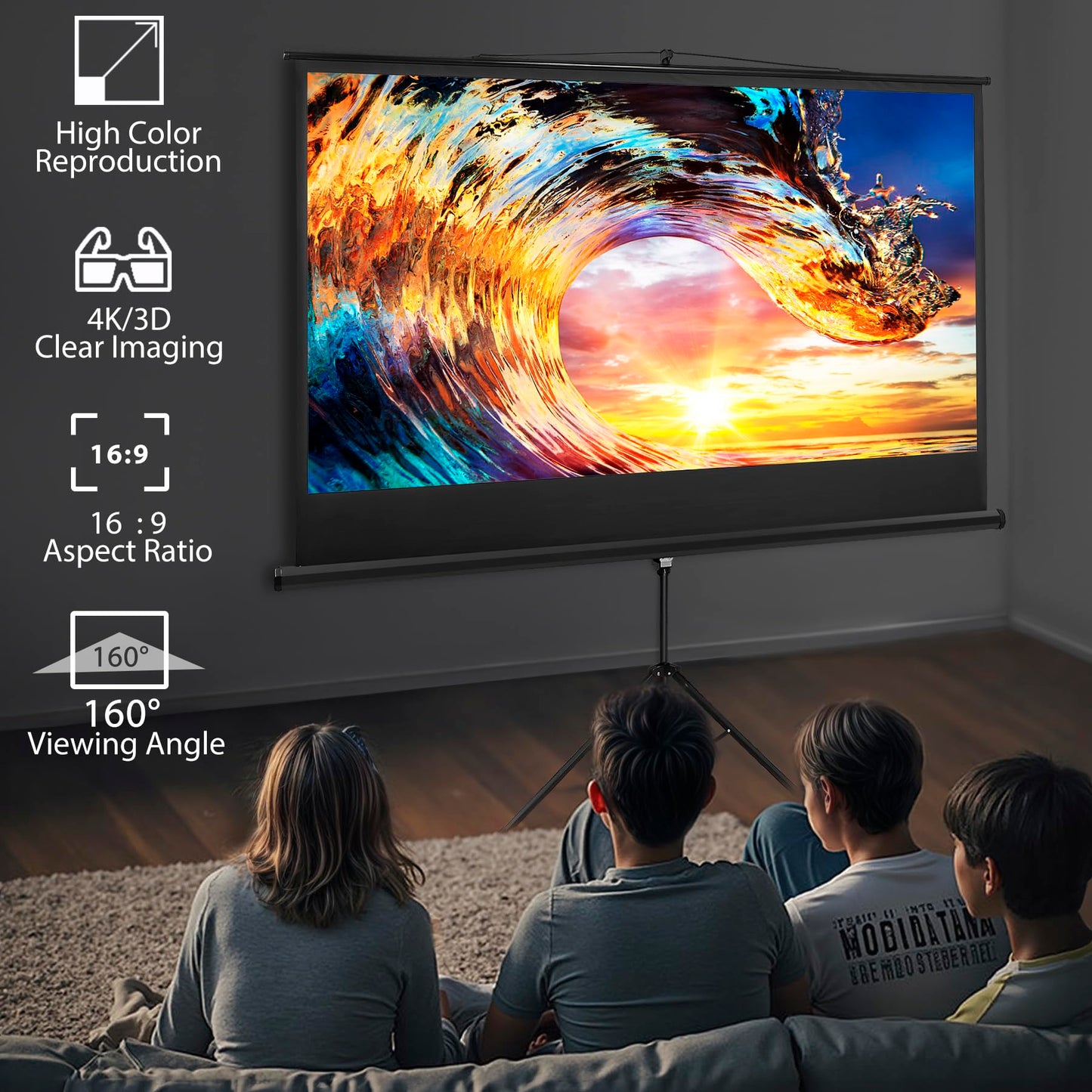 Epetlover 84 inch Projector Screen with Stand Portable Outdoor Movie Night Kit, 16:9 HD 4K Wrinkle-Free Tripod Screen with Carry Bag and Stakes