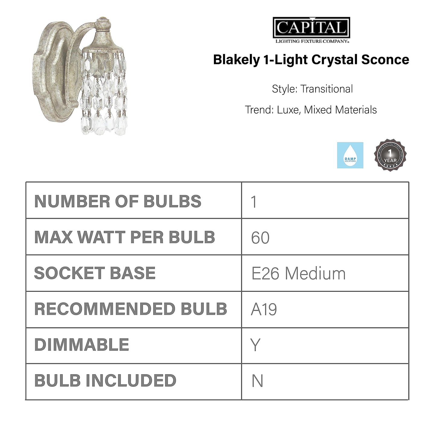 Capital Lighting 8521AS-CR Blakely Luxe K9 Crystal Wall Sconce, 1-Light 60 Watt, 8" H x 5" W, Antique Silver