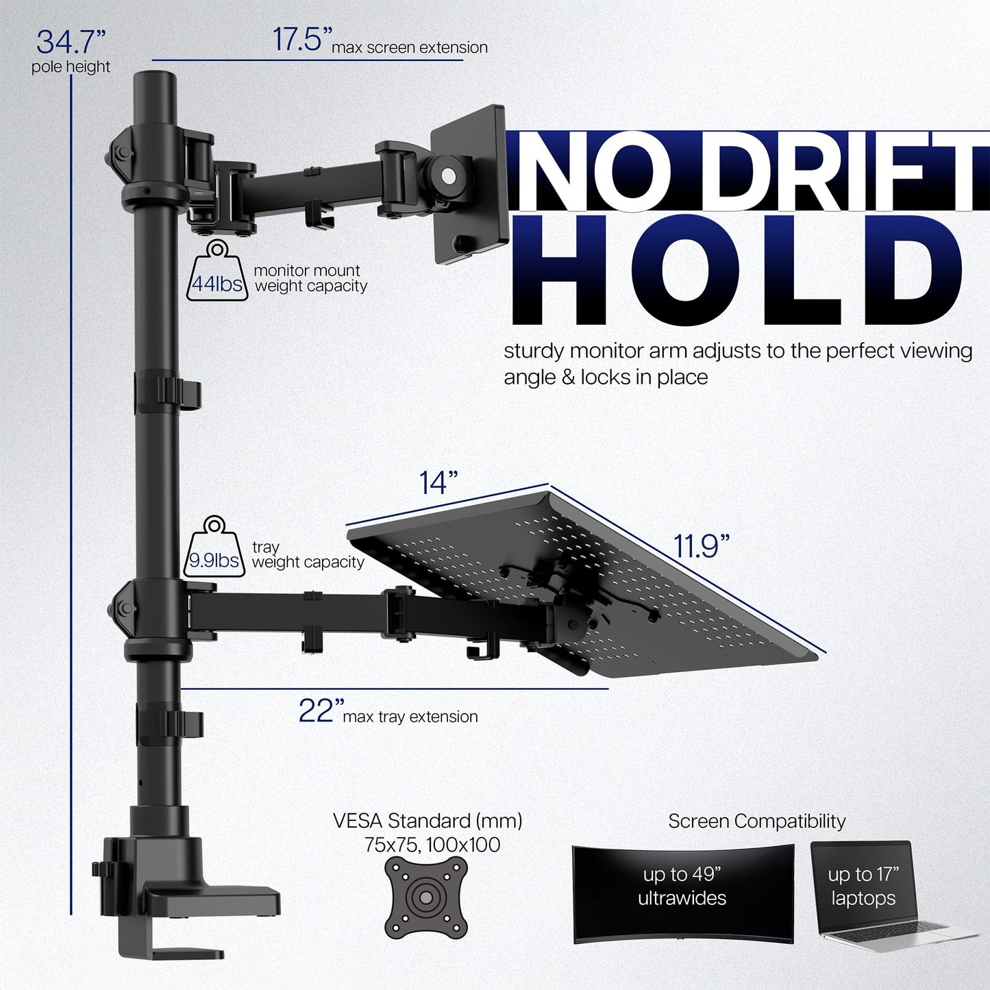 VIVO Extra Tall Desk Mount for up to 49 inch Ultra-Wide Monitor and Tray for up to 17 inch Laptop, Clamp-on Adjustable Stand Holds 44 lb Screens, VESA