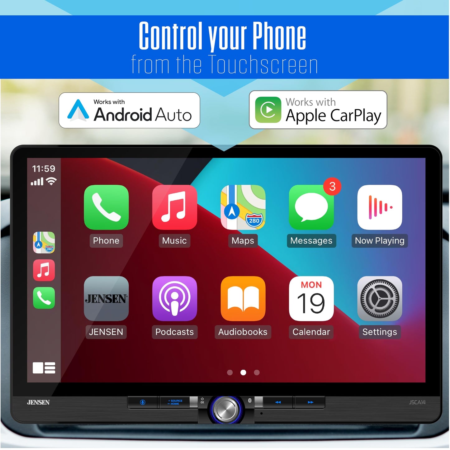 JENSEN J5CA14 14-inch Certified Apple CarPlay Android Auto Wired or Wireless | Maestro & Metra Axxess Ready | Single & Double DIN Car Stereo |