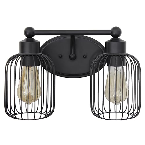 Elegant Designs VT1021-BLK 14" Industrial Farmhouse 2 Light Metal Birdcage Decorative Wall Mounted Vanity Fixture with Matching Metal Oval Backplate