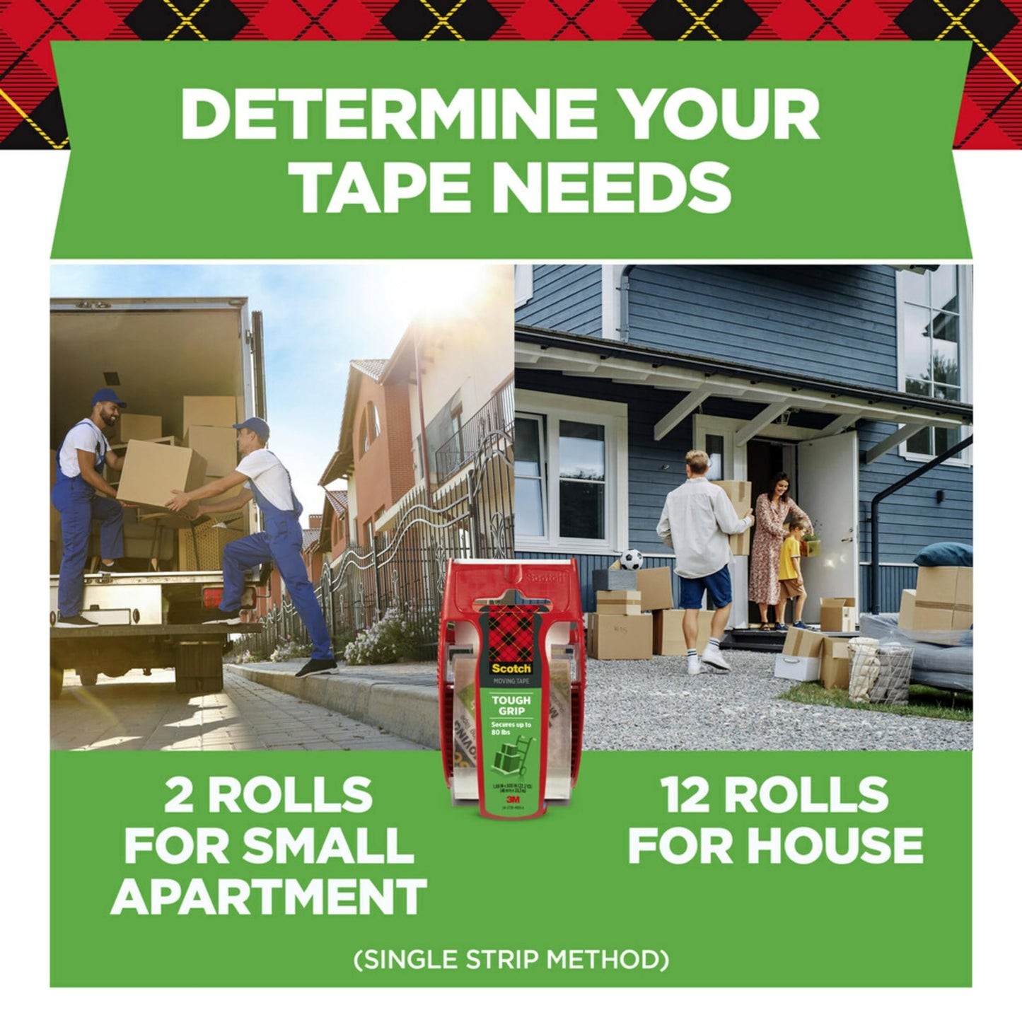 Scotch Tough Grip Moving Packing Tape, Clear, Moving Tape that Secures Boxes up to 80 Pounds, 1.88 in. x 22.2 yd., 6 Tape Rolls with Dispensers