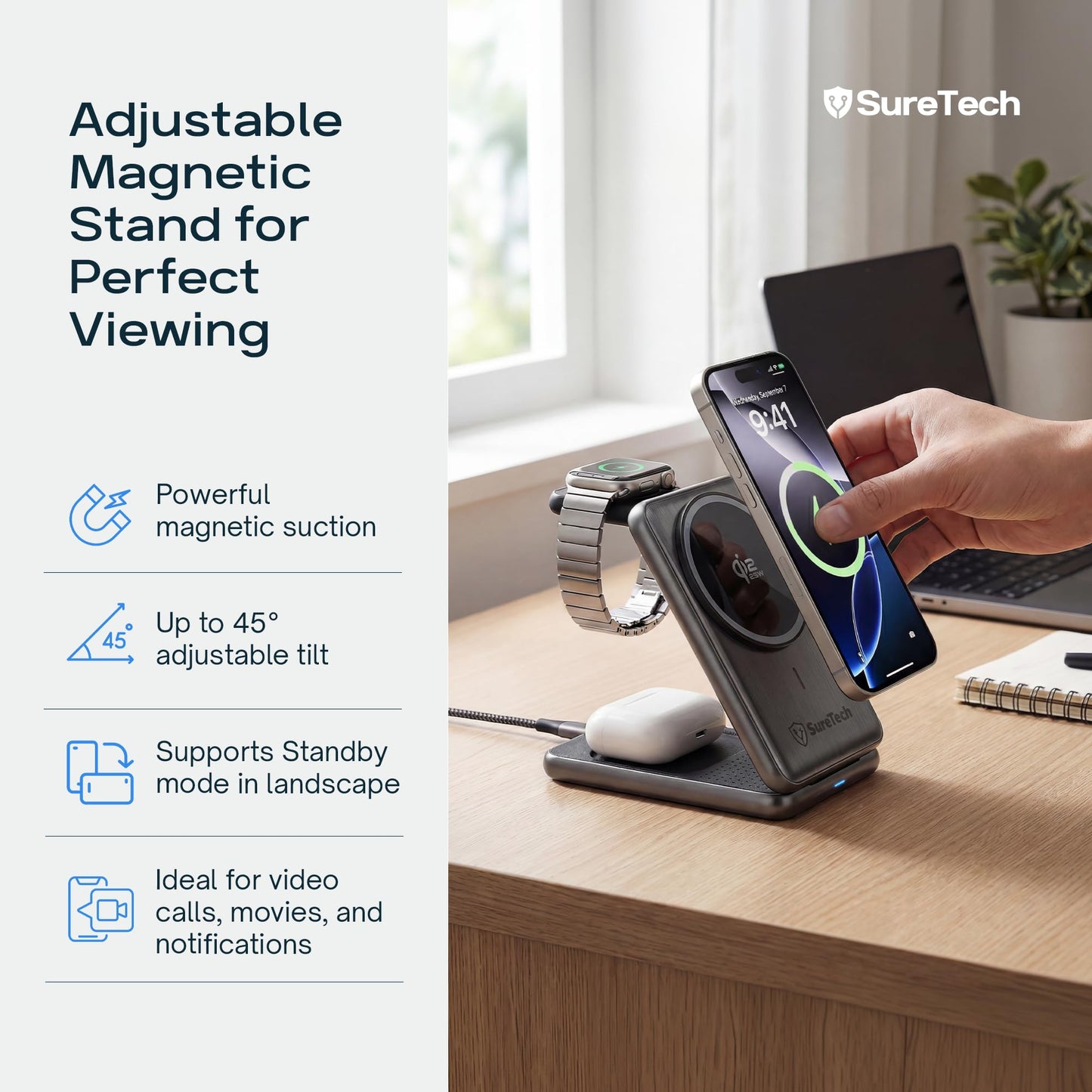 SureTech Qi2.2 Certified 3-in-1 Foldable Wireless Charging Station for Apple Devices with 65W Adapter, 25W Fast Charging Dock, Portable Magnetic