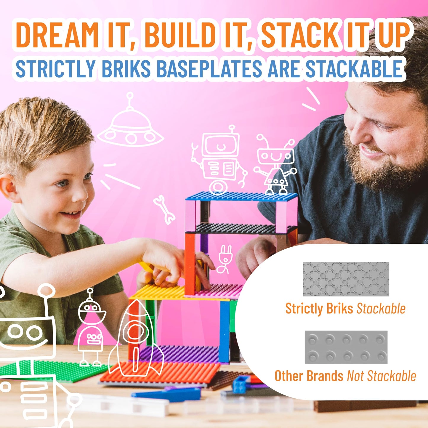 Strictly Briks 4-Pack Stackable Baseplates 10"x10" – Light Gray Plates with 30 Stackers, Compatible with Lego & Major Brick Brands