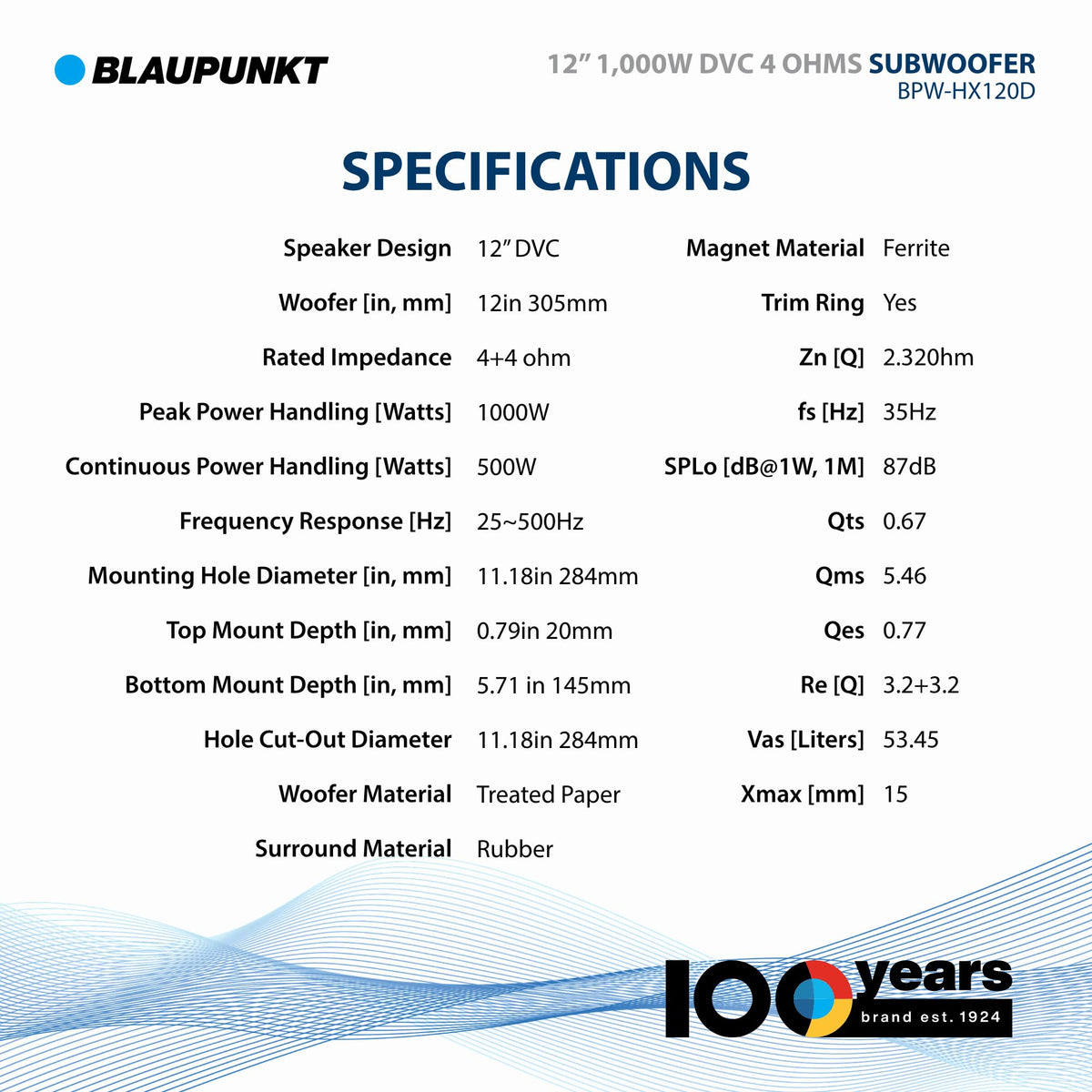 BLAUPUNKT BPW-HX120D 12" 1000W DVC Car Subwoofer Audio Speaker - 500WRMS / 1000WMax - 25Hz-500Hz Frequency Response - Treated Paper Cone with Rubber Surround