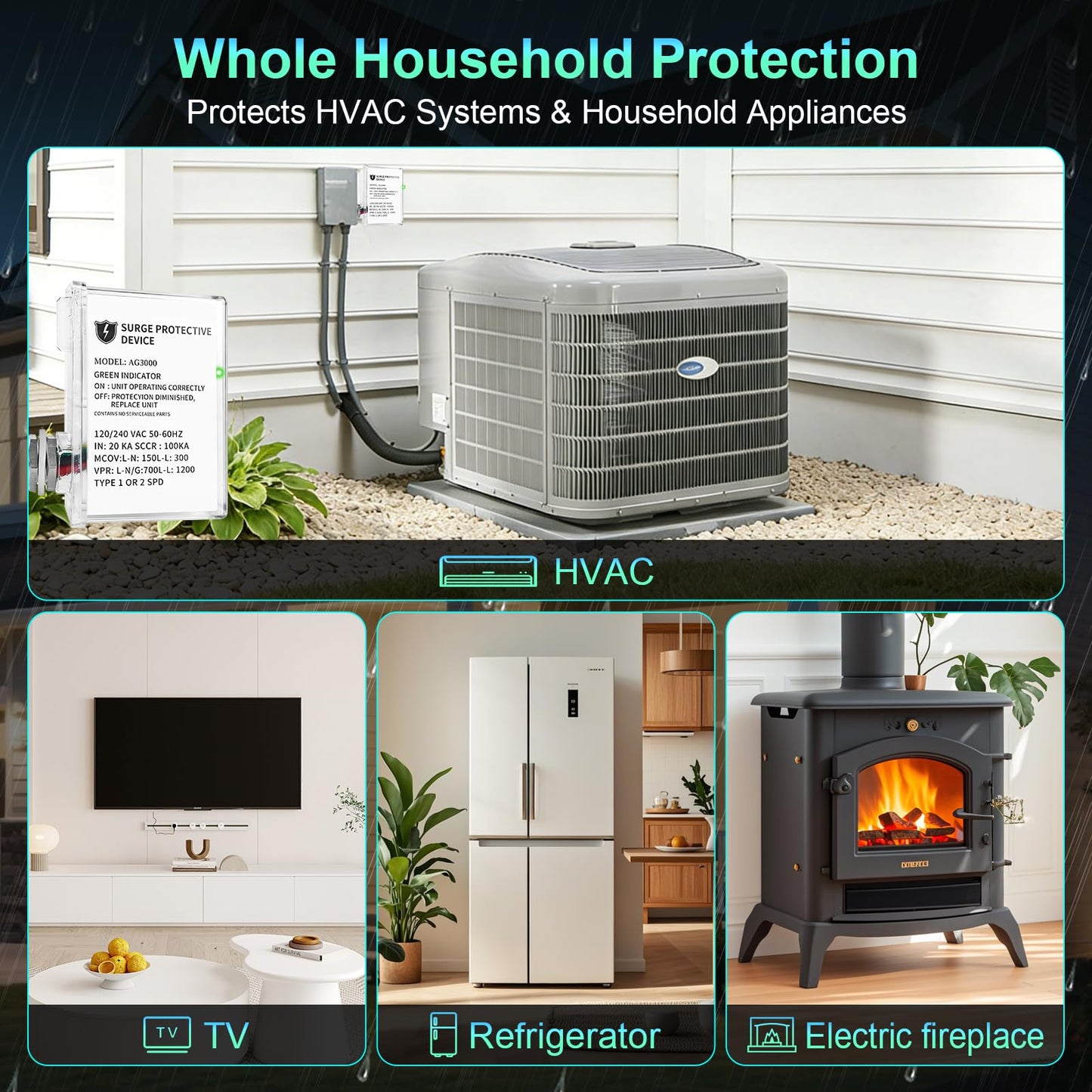 AG3000 HVAC Surge Protector 120/240V, Whole House Surge Protective Device for Mini Split and AC, with TPMOV Technology, Type 4X Watertight Enclosure