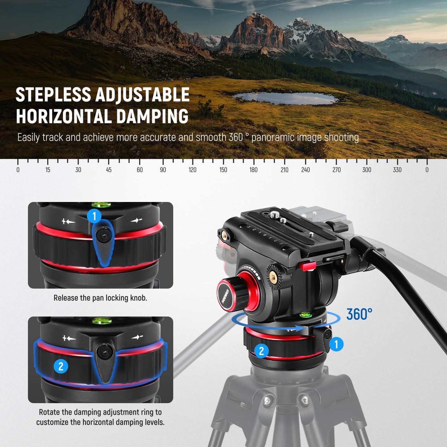 NEEWER Heavy Duty Video Tripod Fluid Head with Stepless Adjustable Pan/Tilt Damping, Quick Release Plate, Compatible with DJI RS Gimbals, Adjustable