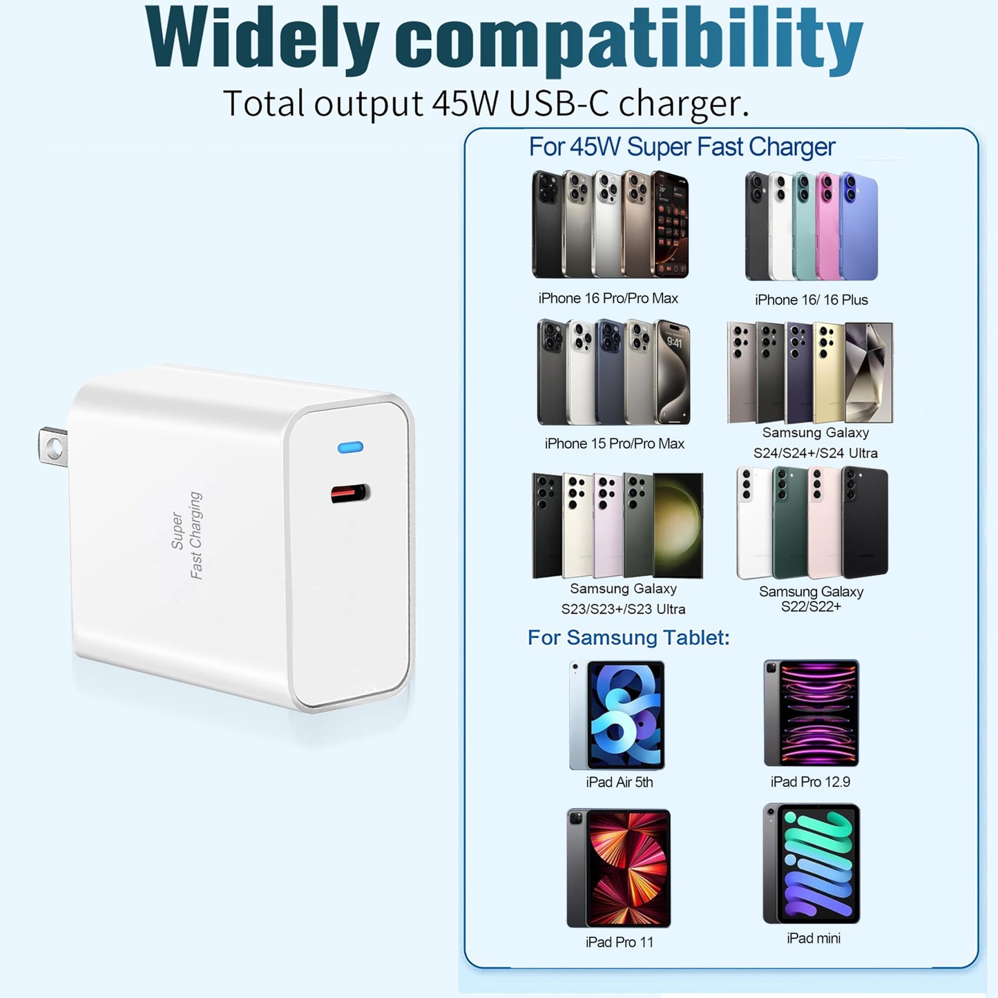 iPhone 16/16 Pro Max Super Fast 45W Type C Charger - 6ft Cable, Galaxy S24 Ultra, iPad Pro Compatible