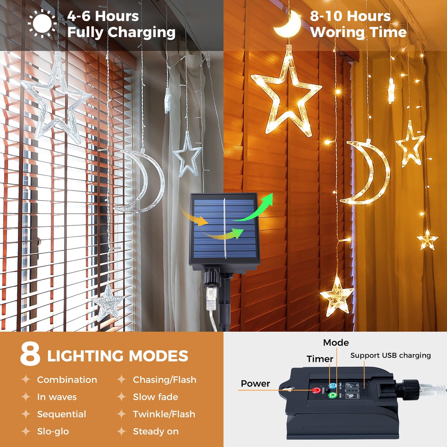 Qunlight Ramadan Solar Icicle Lights,10.8ft 138 LED Outdoor Waterproof Moons Stars Curtain Window String with 8 Modes Timer Remote,USB Rechargeable