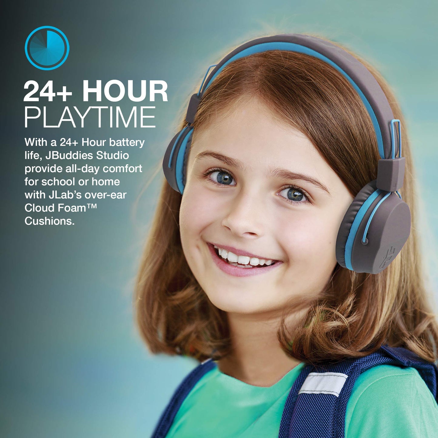 JLab JBuddies Studio Wireless on-Ear Kids Headphones with mic, Graphite/Blue