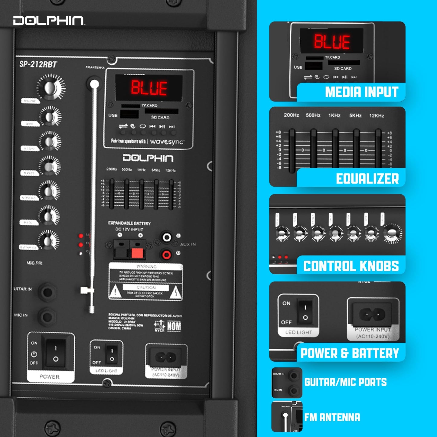 Dolphin Dual 12" Bluetooth Party Speaker - Portable Large Speaker with Wired Microphone, Multicolor LED Lights, USB Playback, Hi-Fi Amplifier