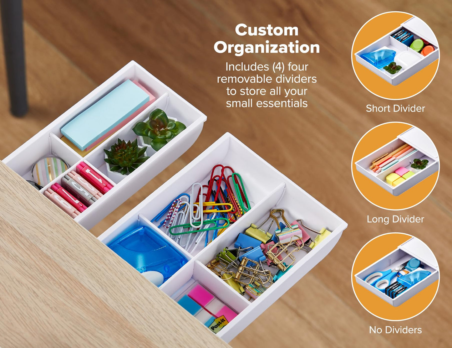 Bostitch Konnect Under Desk Drawer, Self-Adhesive Slide Out Storage Organizer with 4 Customizable Dividers, 2-Pack