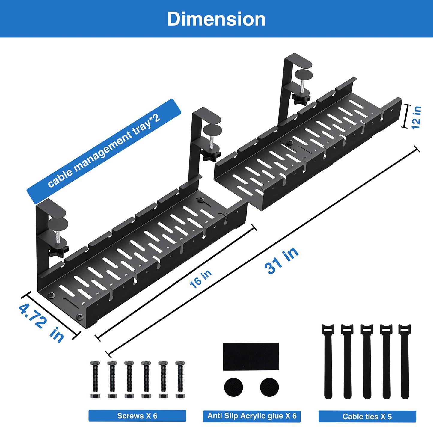 No Drilling Extendable Under Desk Cable Management, Metal Cable Management Tray Under Desk with Clamp, Retractable Power Strip Cord Holder for Wire
