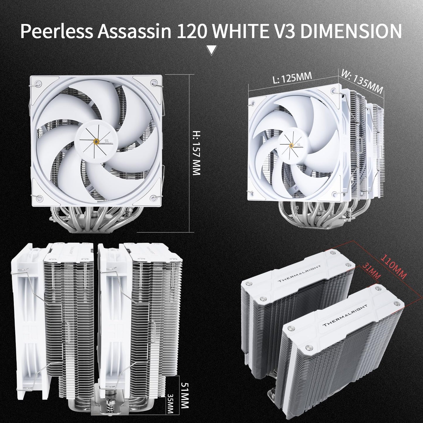 Thermalright Peerless Assassin 120 White V3 CPU Air Cooler, High-Performance Heat Pipes, Dual Towers Cooling, with Dual PWM Fans,Desktop Cooler