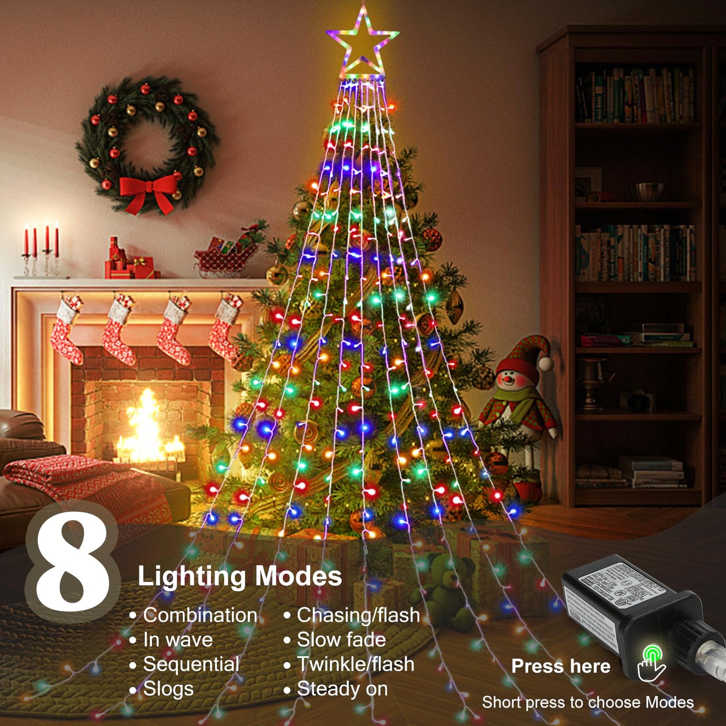 FUNIAO (New) Christmas Lights, Outdoor Christmas Decorations, 320 LED Waterfall String Lights, 8 Light Modes Chrsitmas Lights with 12" Star Tree