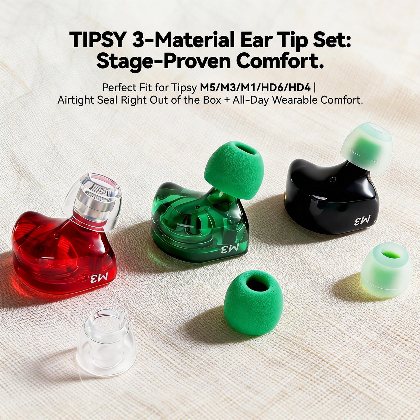 Tipsy IEM Ear Tips Set, 6 Pairs: Liquid Silicone, Skin?Friendly Silicone, Memory Foam, Fits Tipsy M5/M3/M1/HD6/HD4 (B-M Size)
