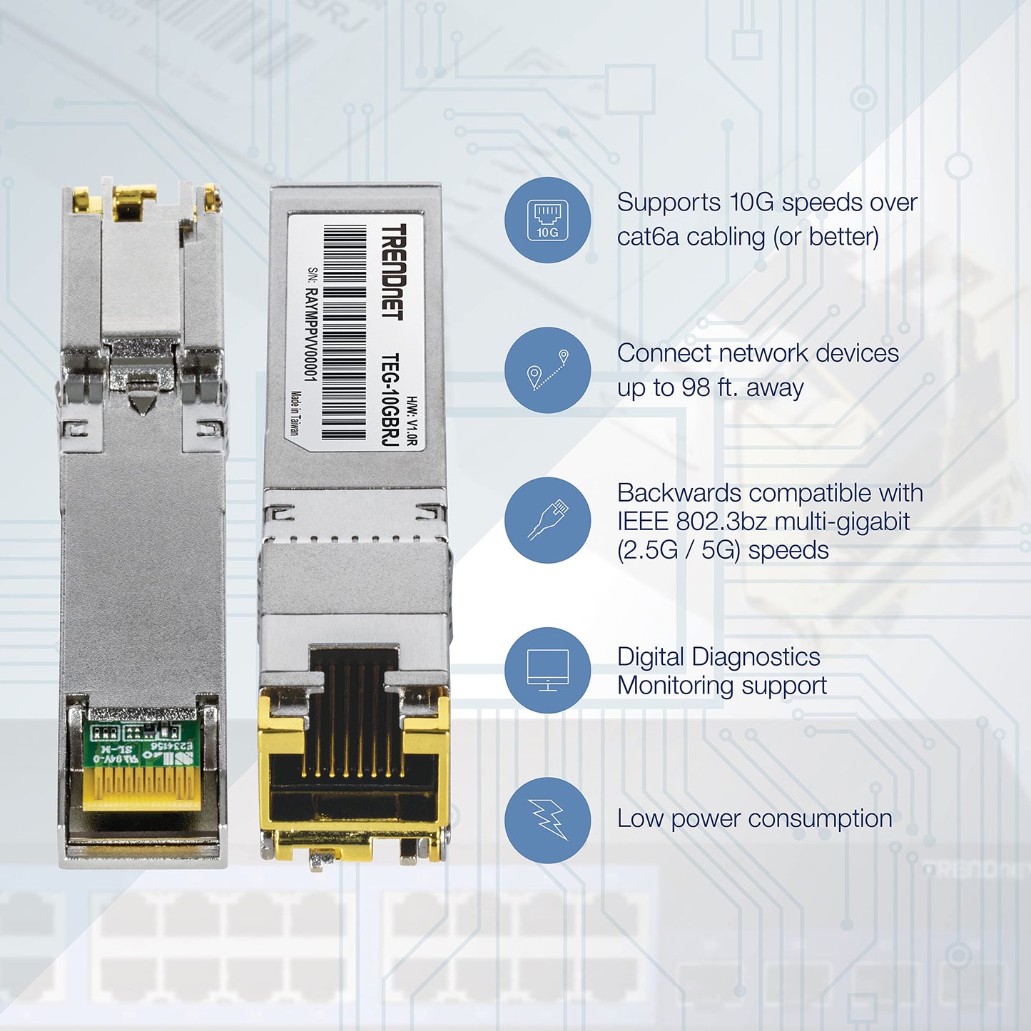 TRENDnet 10G RJ-45 Copper SFP+ Module, Convert A Standard SFP+ Slot Into A RJ-45 Multi-Gigabit Port, Connect Devices Up to 30m (98ft), Hot-Pluggable