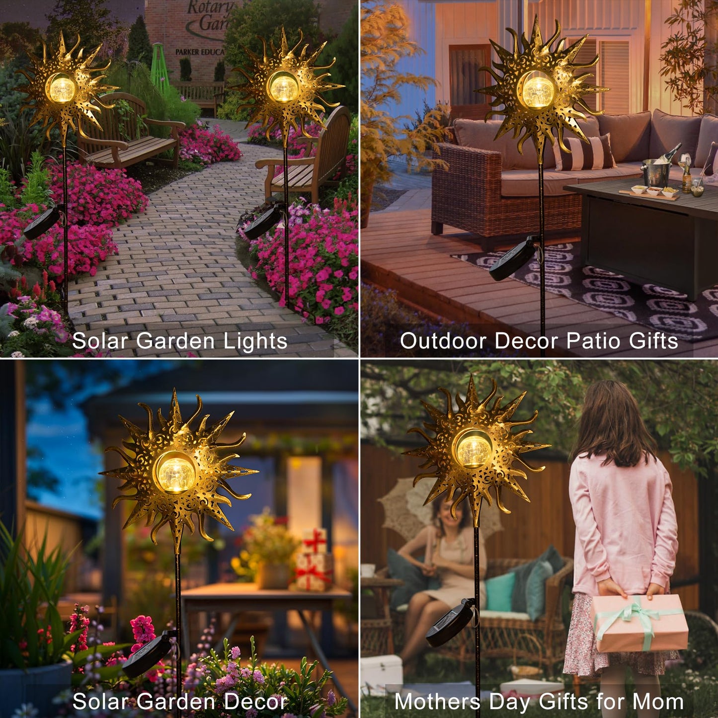 HOMEIMPRO Large Sun Solar Garden Decor Lights Outdoor Garden Gifts Mom Dad, Crackle Glass Metal Stake Backyard Decor, Waterproof LED Lights for Lawn