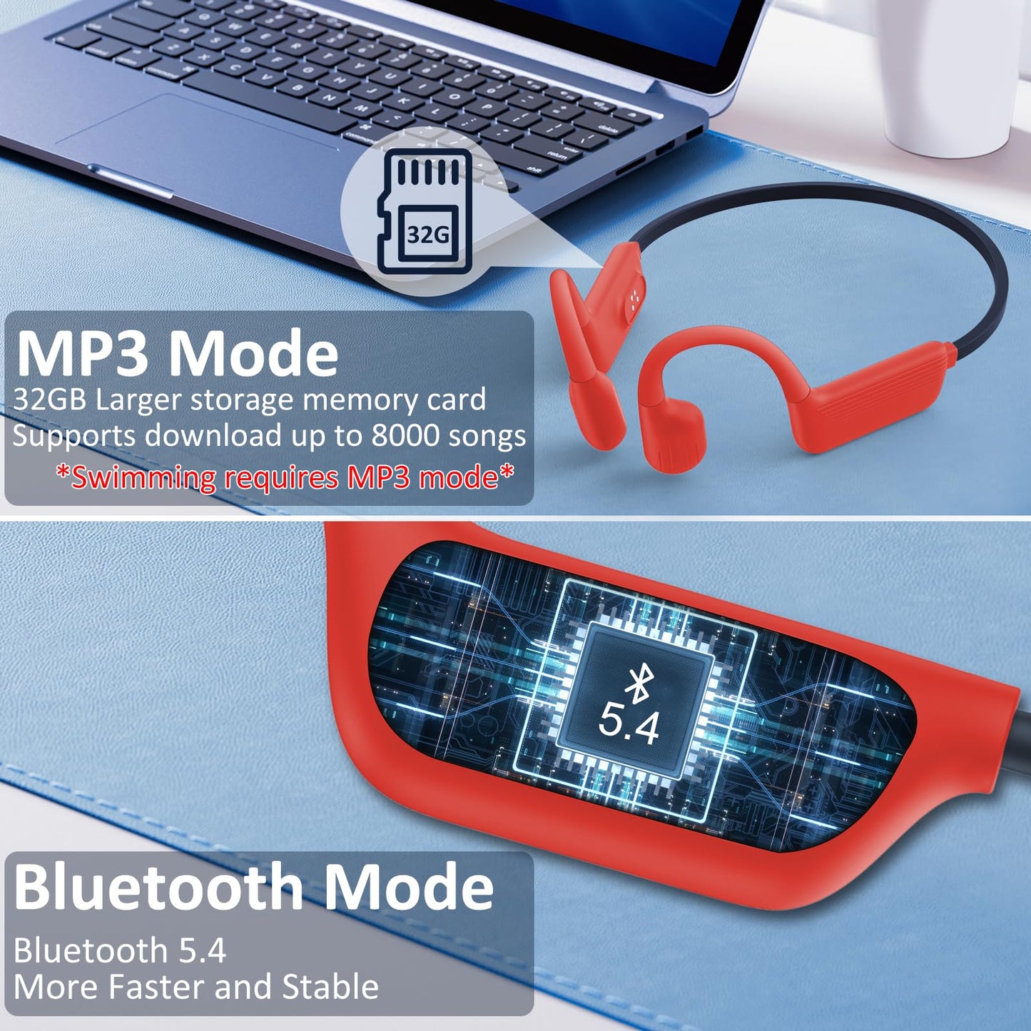 MARLALL Swimming Headphones-Bone Conduction Headphones, IP68 Waterproof Open Earphones, LiteSurge Bluetooth 5.4 Underwater Sport Earbuds with 32 GB