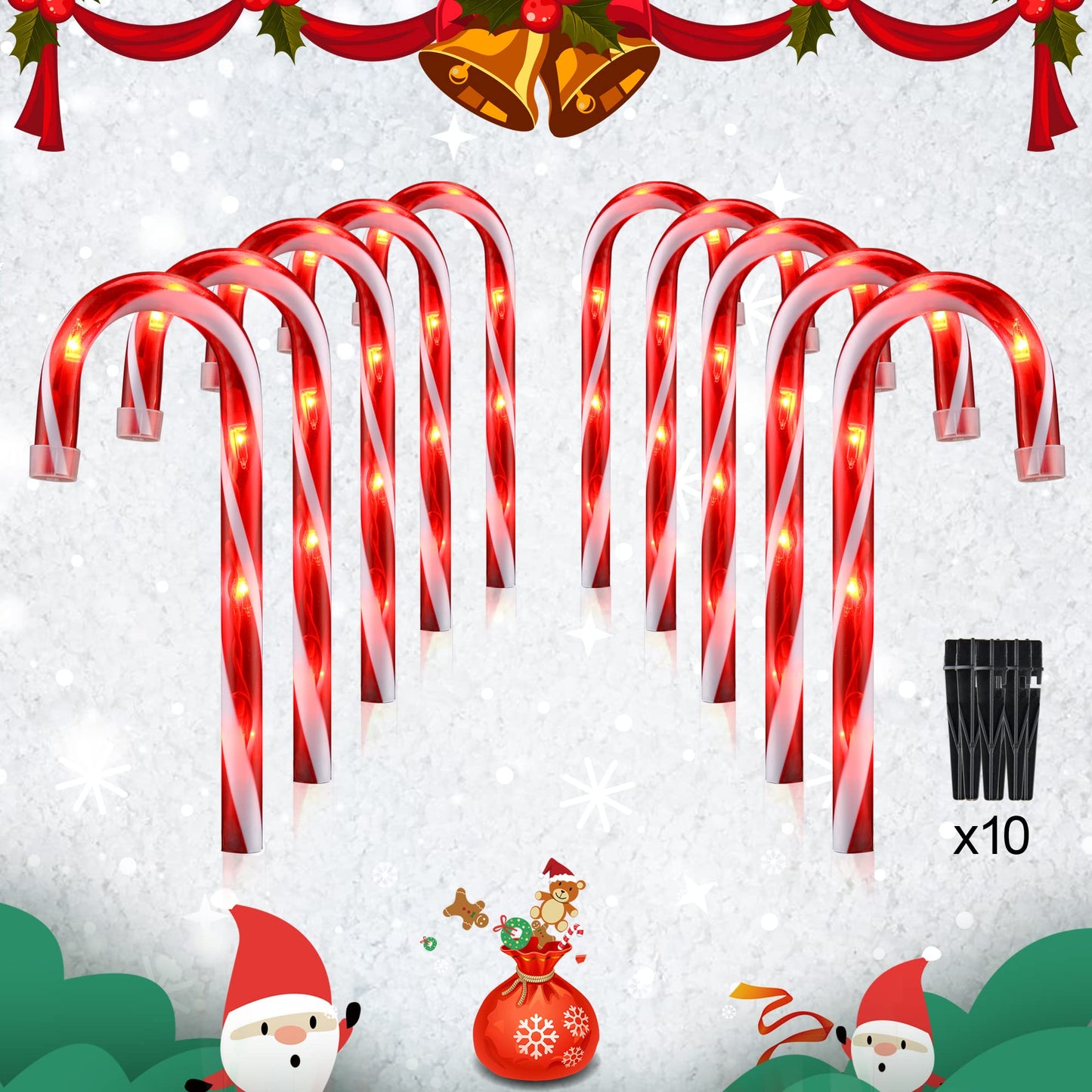 PerPaiMe 10" Christmas Candy Cane Lights - Set of 10 Pathway Markers Christmas Outdoor Yard Decorations, Xmas Candy Cane Stake Lights for Lawn