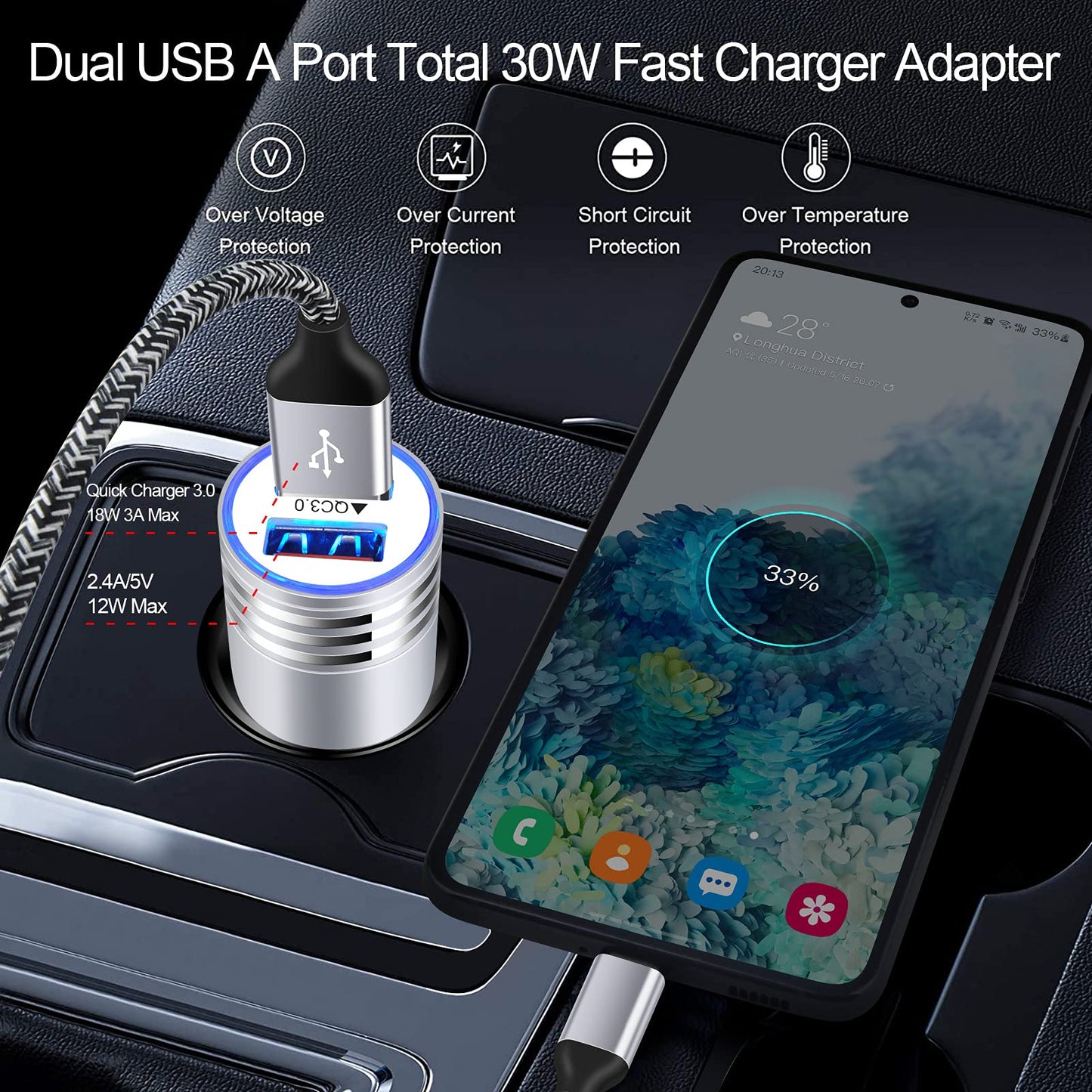 QC3.0 USB Type C Fast Charger for Samsung Galaxy S25FE/S25 Ultra/S25 Plus/A17/A16 5G/A15/A54/A53/A36/A26/S24/S23/S22 Ultra, Car Charger Android Phone